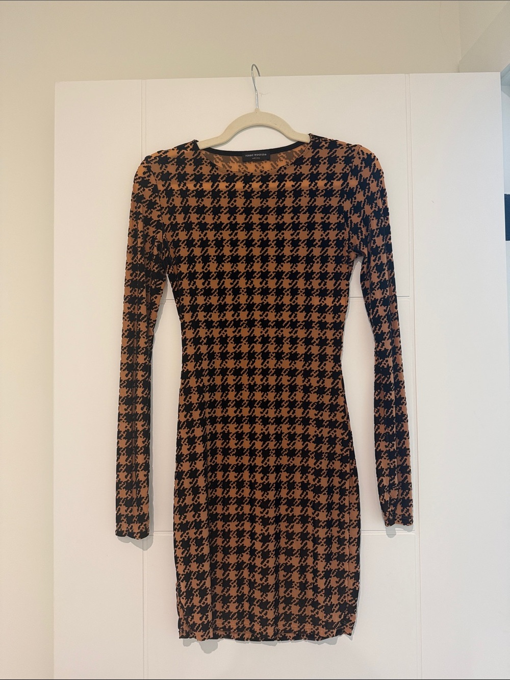 naked wardrobe Black and Brown Houndstooth Long Sleeve Bodycon Dress